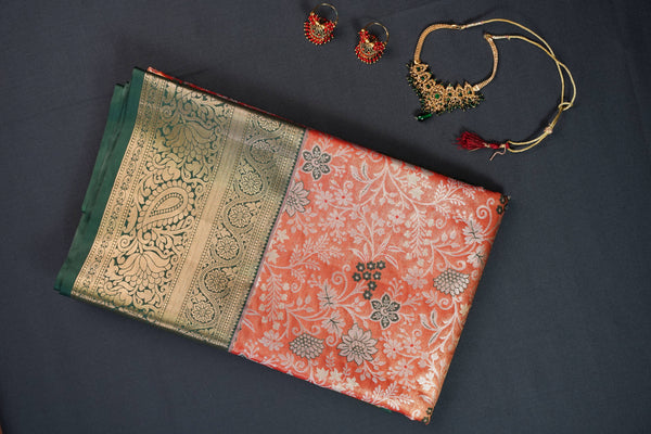 Orange and Green Bridal Art Silk Saree