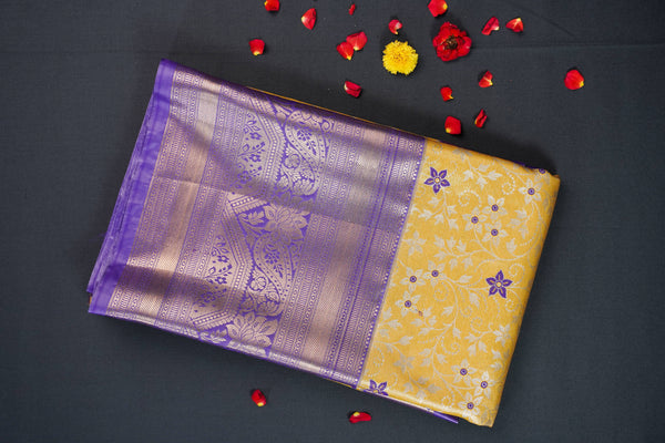 Yellow and Purple Bridal Art Silk Saree