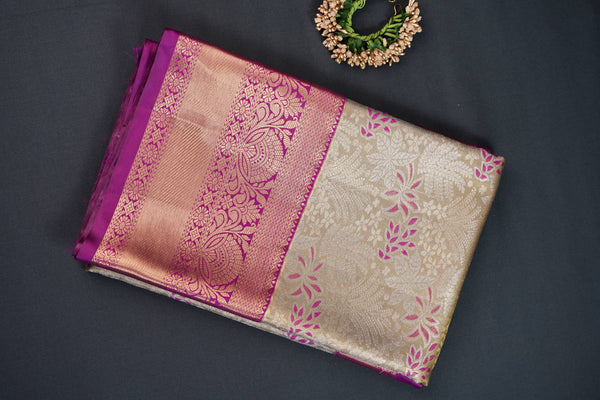 Cream and Pink Bridal Art Silk Saree