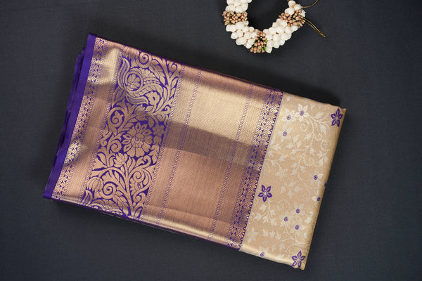 Cream and Indigo Bridal Art Silk Saree