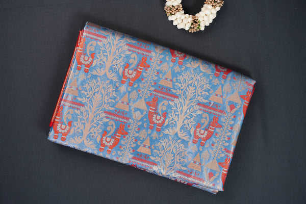 Blue and Red Bridal Art Silk Saree