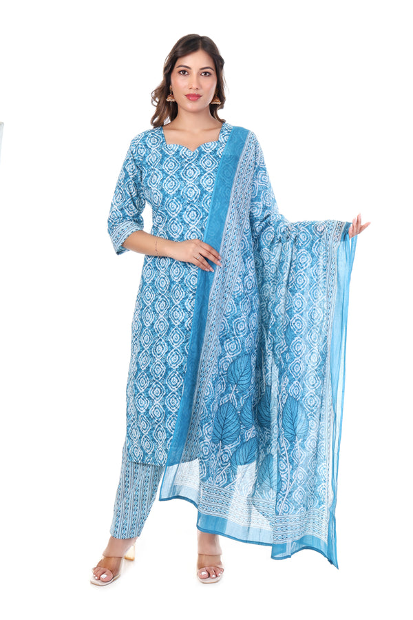Office Wear Cotton Kurti Set- Sky blue