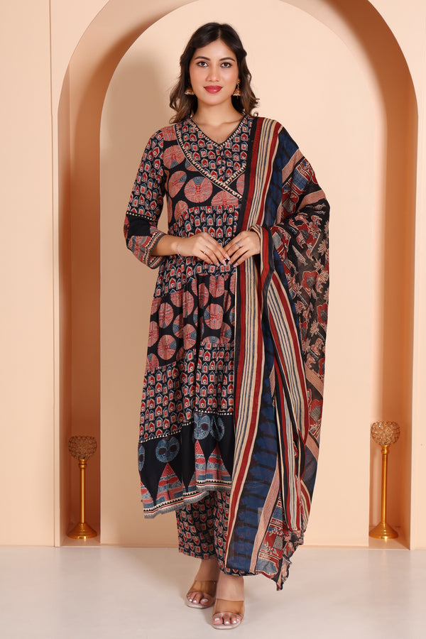 Designer Wear Cotton Kurti Set- Navy blue and Red