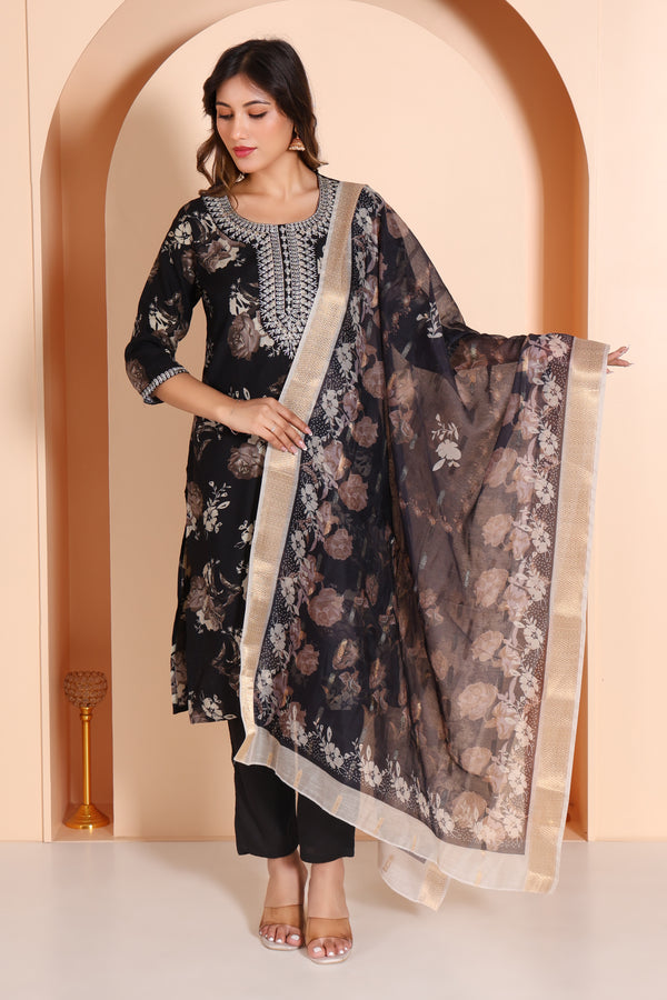 Designer Wear Cotton Kurti Set- Black