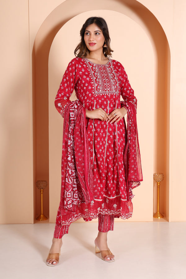 Designer Wear Cotton Kurti Set- Red