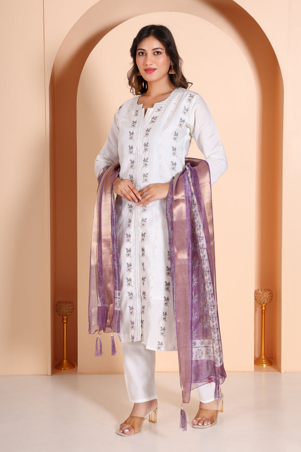 Designer Wear Cotton Kurti Set- White