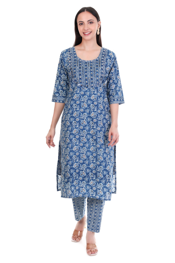 Stylish Cotton Kurti Set- Blue