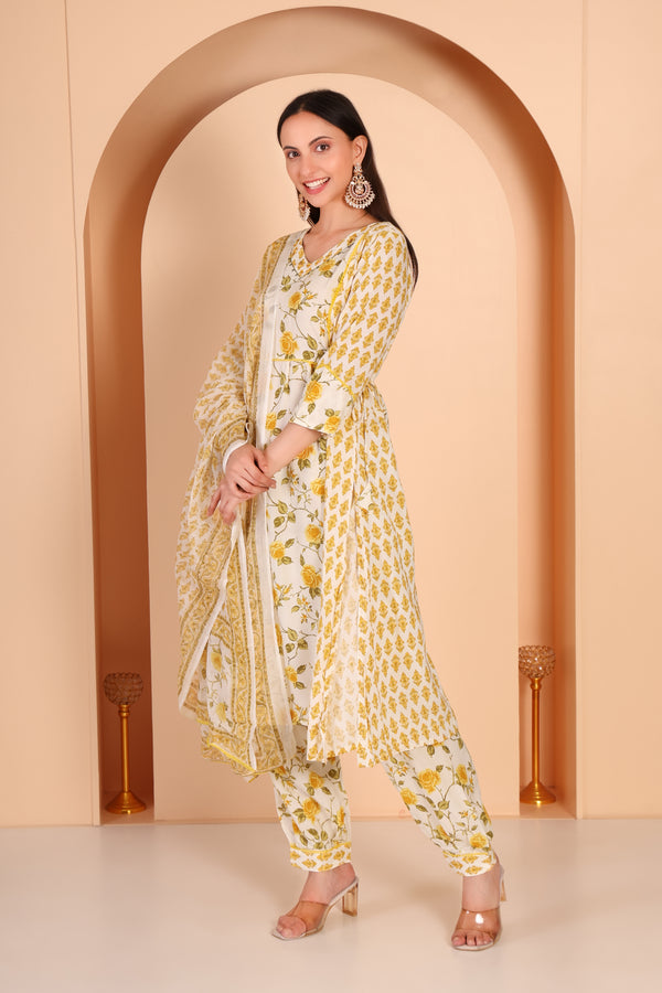 Designer Wear Cotton Kurti Set- White and Yellow