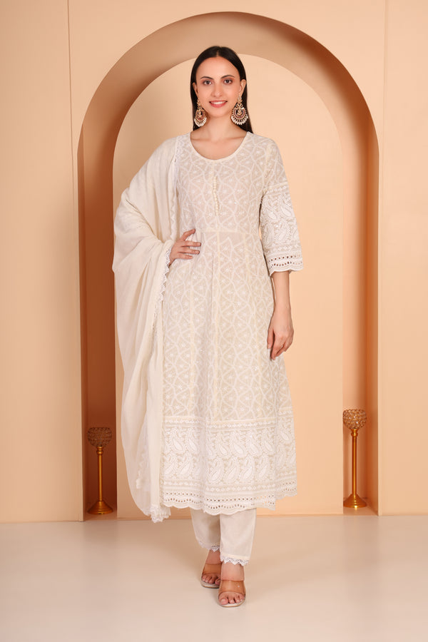 Designer Wear Cotton Kurti Set- Milky White