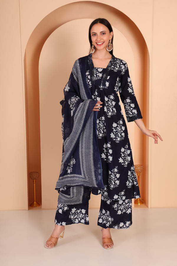 Designer Wear Cotton Kurti Set- Blue and White