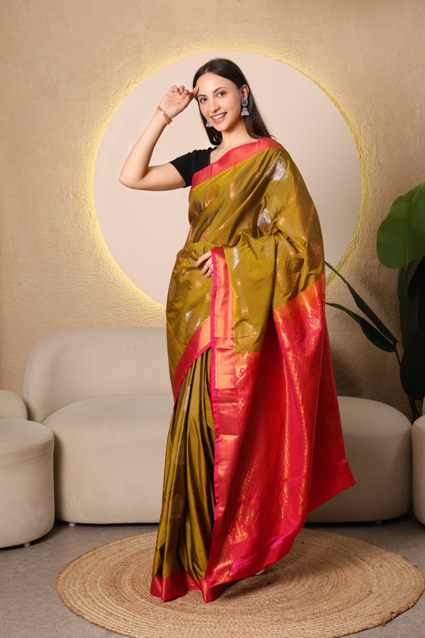 Kanchi Semi silk - Mehandi and Pink