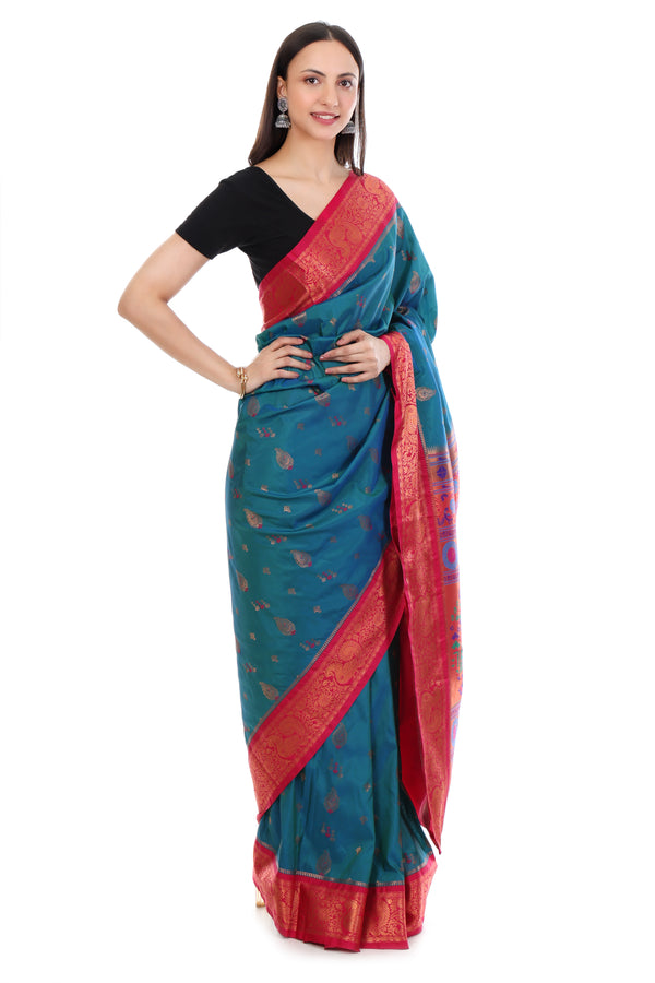 Pathani Semi silk - Blue and Red