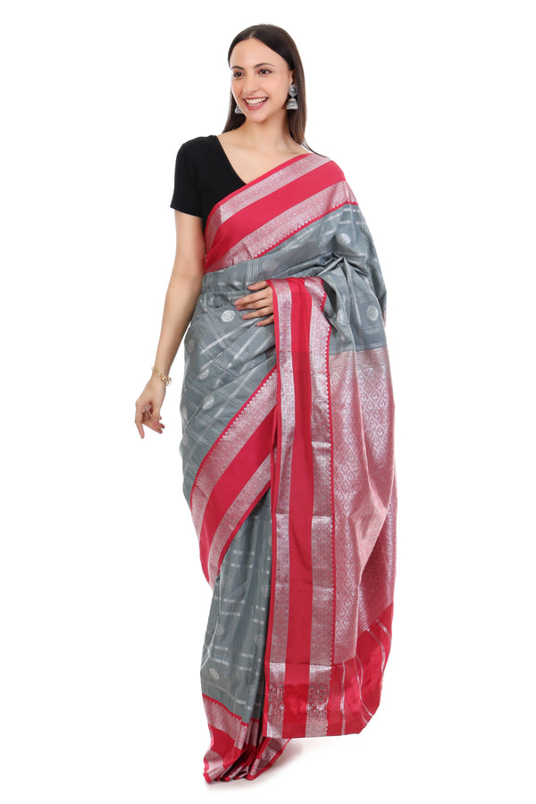 Kanchi Semi silk - Silver and Pink