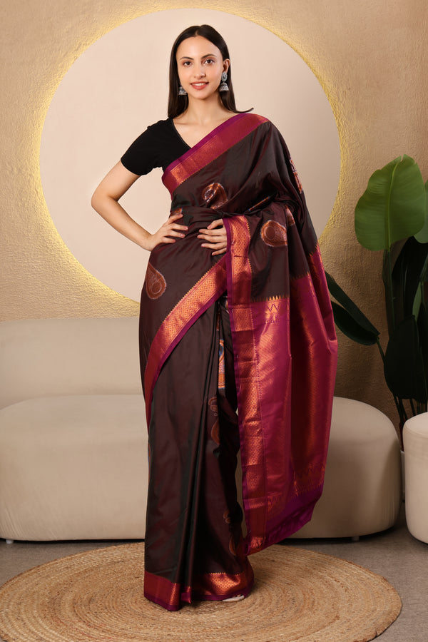 Kanchi Semi silk - Brown and Magenta