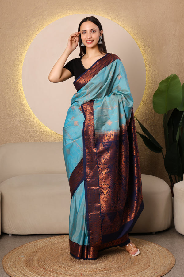 Kanchi Semi silk - Sky blue and Magenta