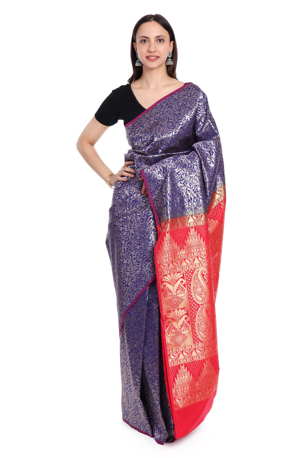 Kanchi Brocade Semi silk - Blue and red
