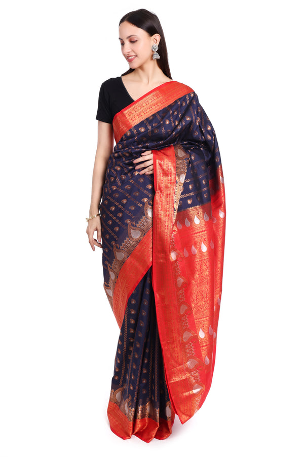 Kanchi Fancy Semi silk - Blue and Red