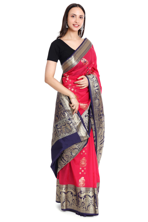 Balucherri Semi silk - Pink and Navy blue